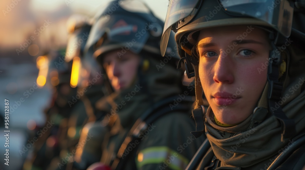 Brave firefighters in full gear standing in line at sunset Brave firefighters in full gear standing in line at sunset