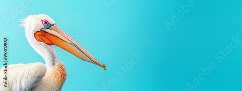  A tight shot of a pelican against a blue backdrop, its head subtly blurred