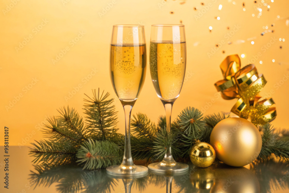 Champagne Glasses and Confetti for New Year's Eve Celebration Champagne Glasses and Confetti for New Year's Eve Celebration
