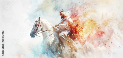 The First Horseman of the Apocalypse on a White Horse, Holding a Bow and Crown in Abstract Watercolor Art