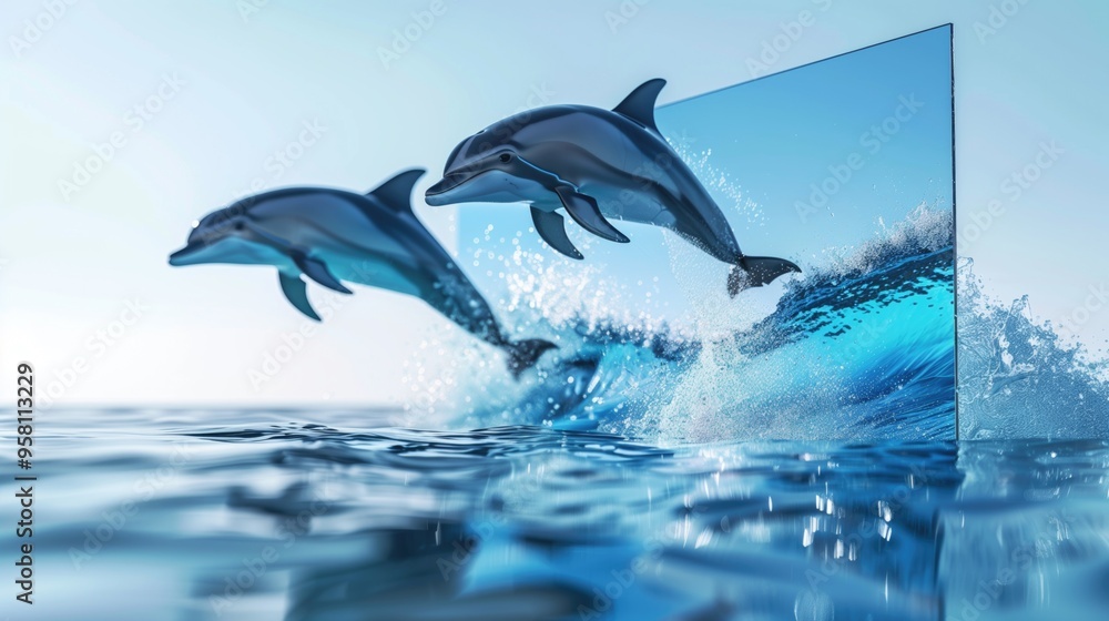 Fototapeta premium Two Dolphins Leaping Out of Water Through Glass Pane in Ocean
