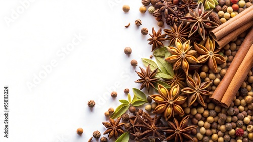 Fototapeta Naklejka Na Ścianę i Meble -  Spices border. Left corner border of spices including cinnamon allspice star anise and cloves with blank white copy space.