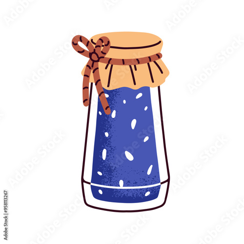 Berry jam in glass jar with string bow. Fruit preserve, homemade canned blueb...