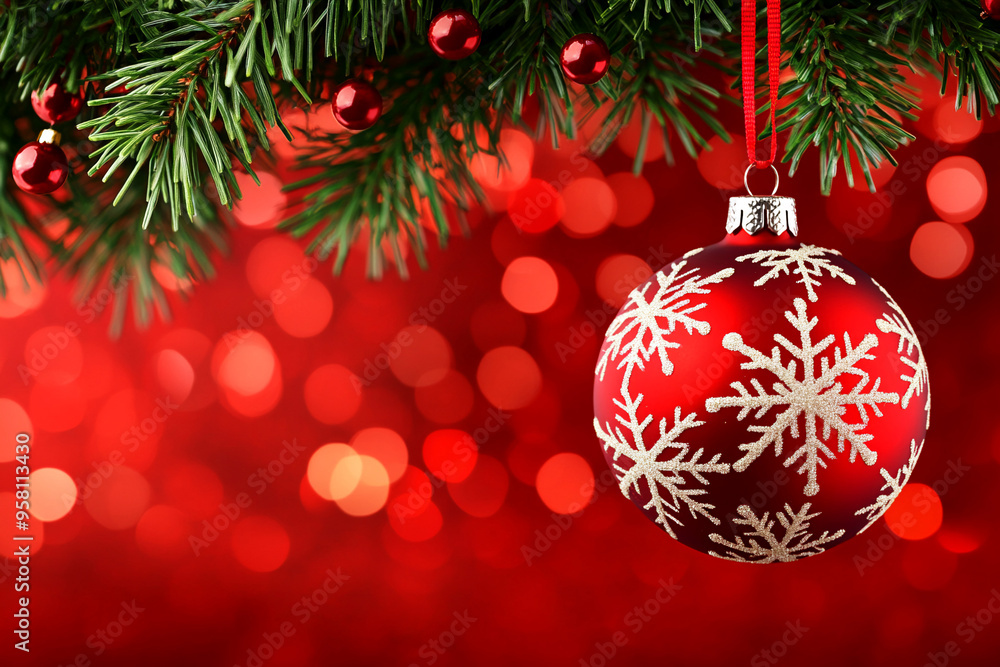Red Christmas ornament with snowflake design hanging from a tree branch, set against a sparkling red bokeh background. Copy space. Red Christmas ornament with snowflake design hanging from a tree branch, set against a sparkling red bokeh background. Copy space.