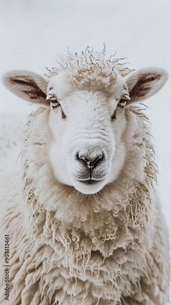 A white sheep with a fluffy coat and a big, curious look on its face A white sheep with a fluffy coat and a big, curious look on its face