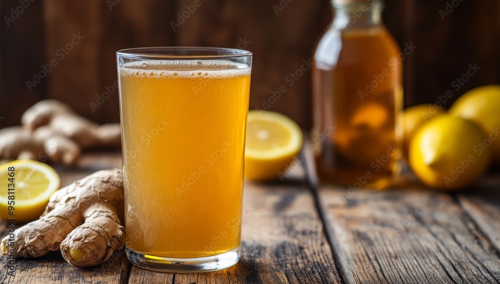 An iced ginger ale drink is placed in a tall glass on a wooden table with space for a copy. An iced ginger ale drink is placed in a tall glass on a wooden table with space for a copy.