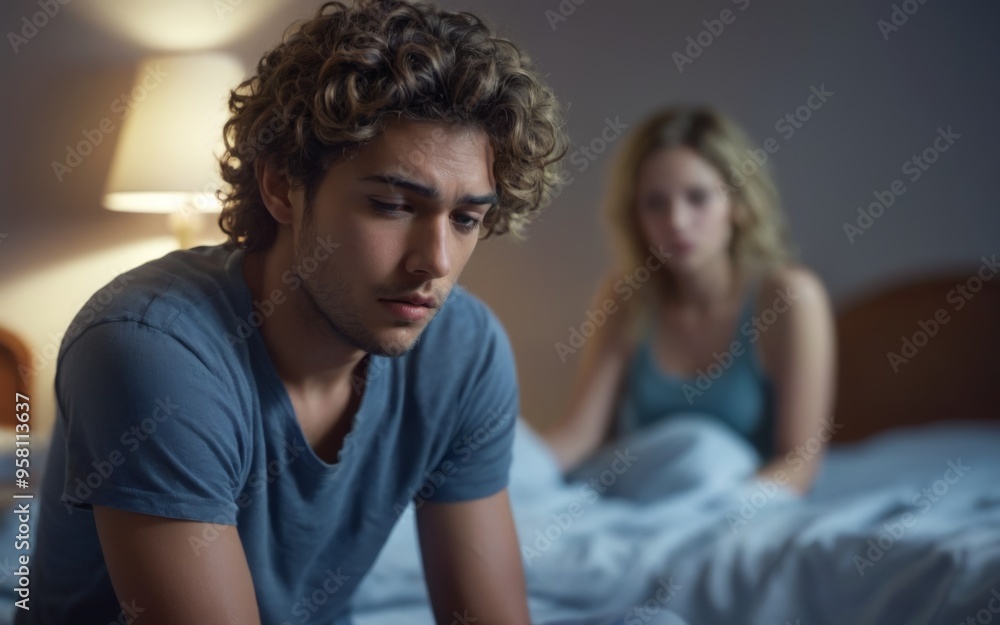 Fototapeta premium Thoughtful young man on bed in dimly lit bedroom, deep in contem