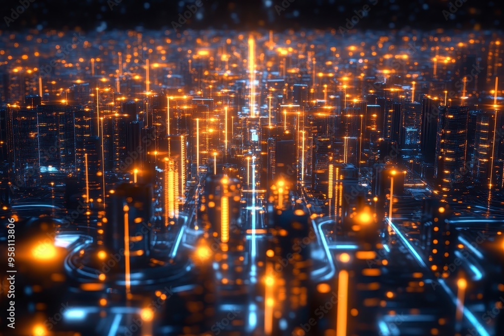Fototapeta premium A futuristic cityscape with glowing lights and a complex grid, symbolizing a smart, connected metropolis.