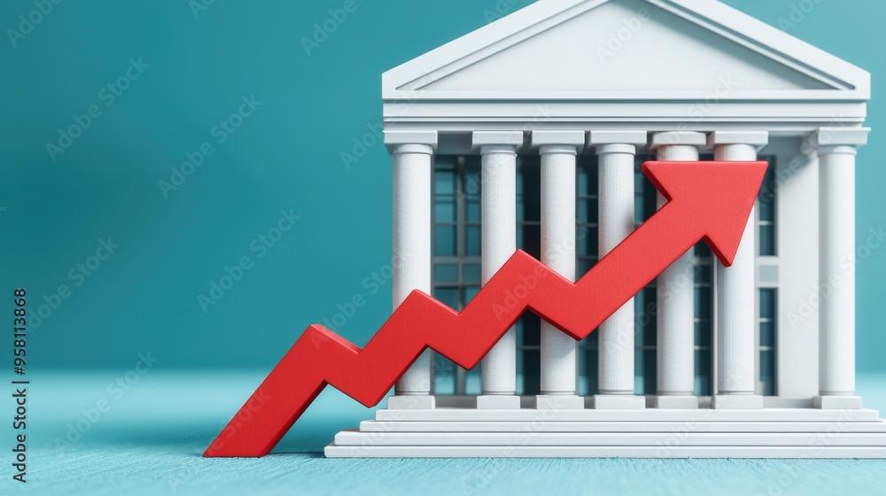 A red arrow pointing upwards is placed in front of a white building