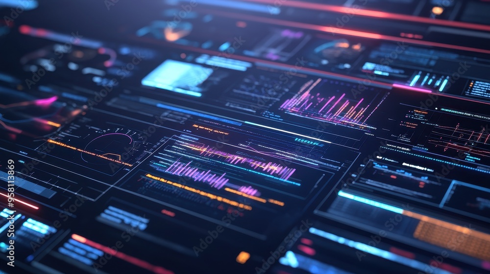 Fototapeta premium Futuristic Data Analytics Dashboard with Glowing Graphs and Charts