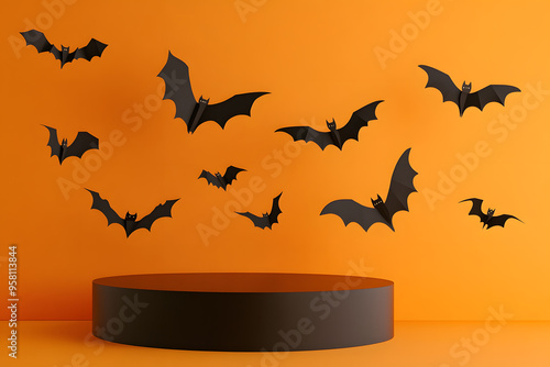 Minimalist Halloween podium with intricately cut paper bats on vibrant orange background for festive product showcase photo