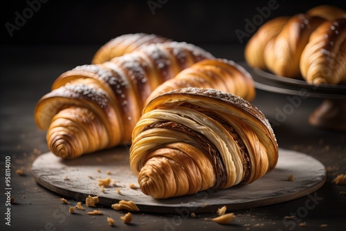 Freshly baked croissants on a wooden table, close up. ai generative