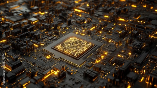 On a circuit board, there is a chip against an abstract technology background.