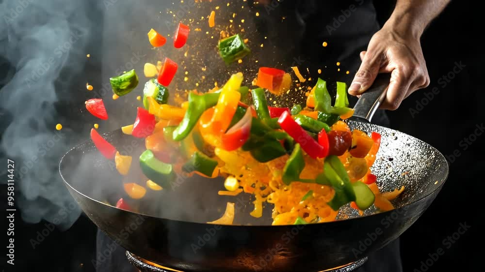 Colorful Stir-Fry Vegetables in a Flaming Wok