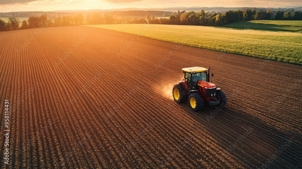 Fototapeta premium Farmer using a tractor to haul a trailer full of freshly harvested crops across the farm