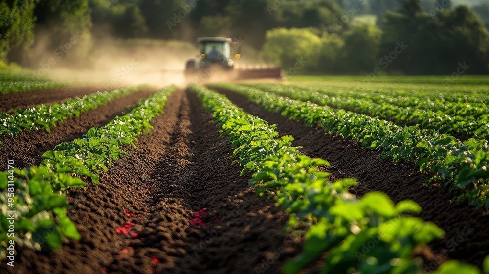 Obraz premium Farmer using a tractor to spread fertilizer evenly across a large field
