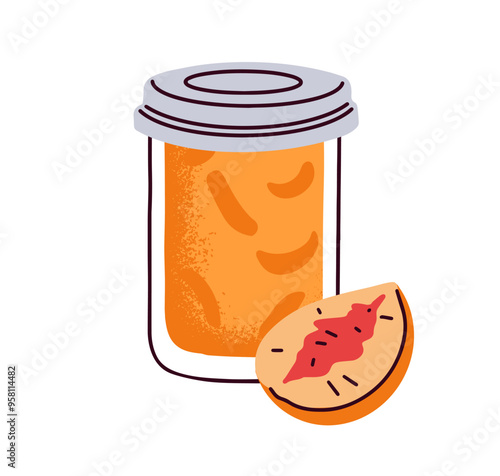Peach jam jar, sweet confiture in closed glass container. Homemade fruit pres...