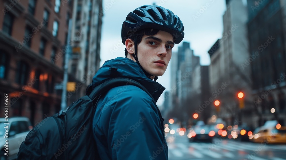 The late afternoon sun illuminates a cyclist wearing a helmet and a blue jacket as he pauses at an intersection with vehicles and skyscrapers in the background. The late afternoon sun illuminates a cyclist wearing a helmet and a blue jacket as he pauses at an intersection with vehicles and skyscrapers in the background.