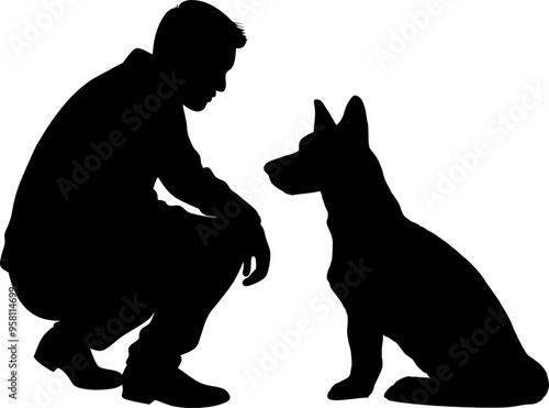 Vektor Silhouette Mann mit Hund - Design Elemente - Sitzender Schäferhund mit Hundehalter - Freund und Gefährte - Mensch und Tier