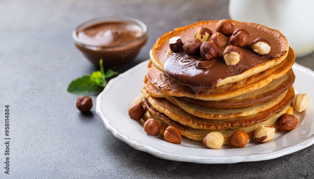 Pancakes with chocolate paste and hazelnuts, on a white plate on a background of concrete, slate with copy space for your text
Pancakes with chocolate paste and hazelnuts, on a white plate on a background of concrete, slate with copy space for your text