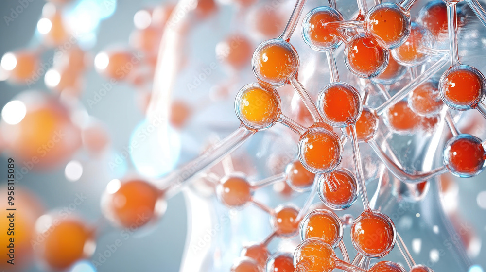 Abstract representation of molecular structure with interconnected orange and clear spheres against a blurred background, conveying scientific concepts Abstract representation of molecular structure with interconnected orange and clear spheres against a blurred background, conveying scientific concepts