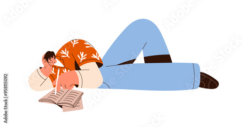 Man writing in notebook. Creative inspired person taking notes in paper journal. Happy guy lying on floor with pen and notepad for records, ideas. Flat vector illustration isolated on white background