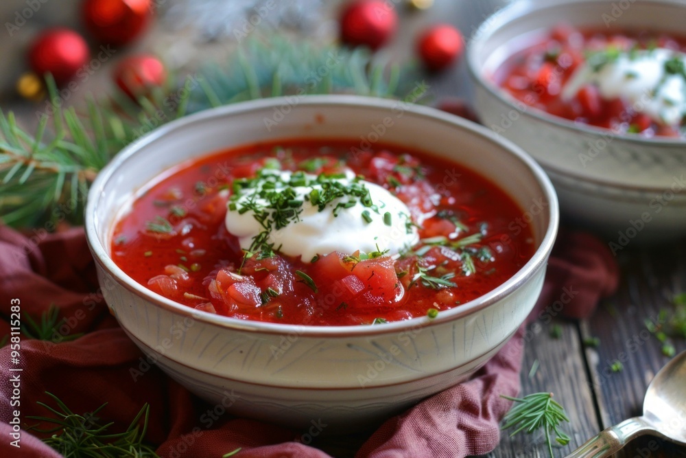 Bowl of ukrainian beetroot soup borscht with sour cream and herbs on wooden table Bowl of ukrainian beetroot soup borscht with sour cream and herbs on wooden table