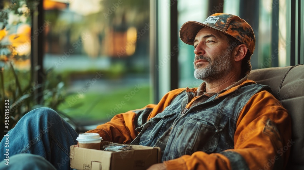 Construction Worker Having Lunch Break, Drinking Hot Drink Near Large Window Construction Worker Having Lunch Break, Drinking Hot Drink Near Large Window