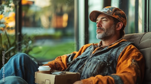 Construction Worker Having Lunch Break, Drinking Hot Drink Near Large Window