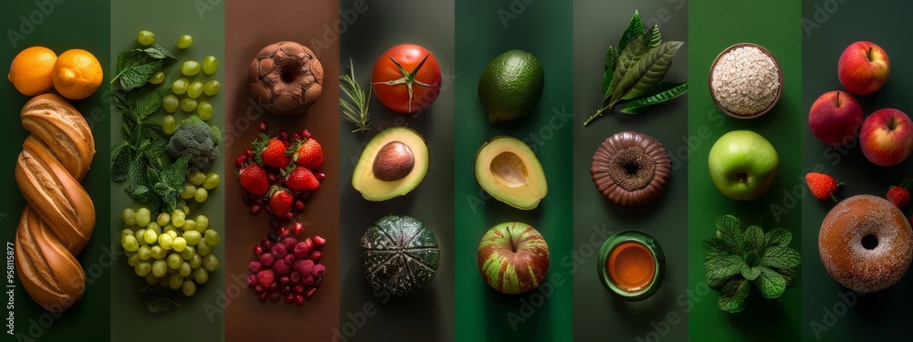 Colorful food flat lay with various fruits and vegetables Colorful food flat lay with various fruits and vegetables