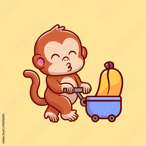 Cute Monkey Bring Banana With Trolley Cartoon Vector Icon
Illustration. Animal Nature Icon Concept Isolated Premium
Vector. Flat Cartoon Style