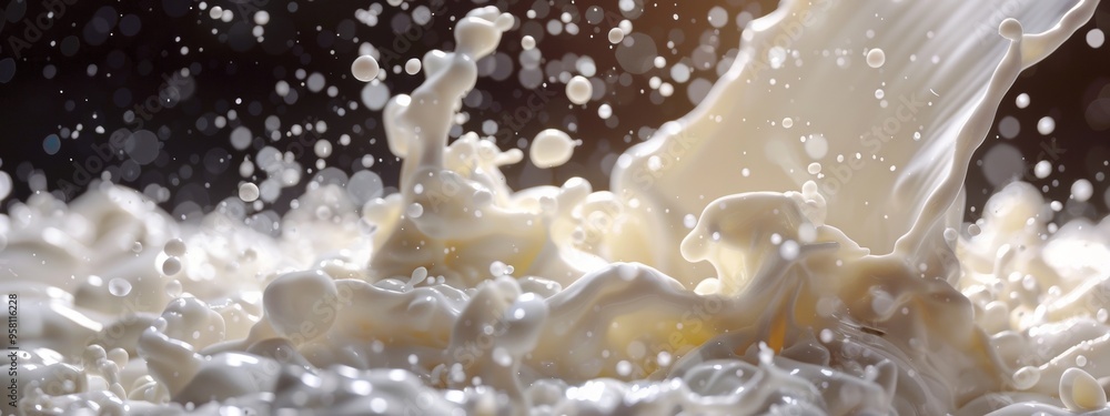 Close-up of milk splash in motion with dark background Close-up of milk splash in motion with dark background