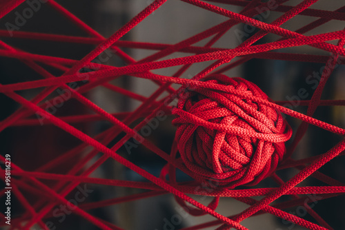 Photos A red clew of thread as a web