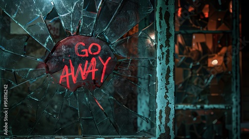 Go Away Written on Shattered Glass Window
