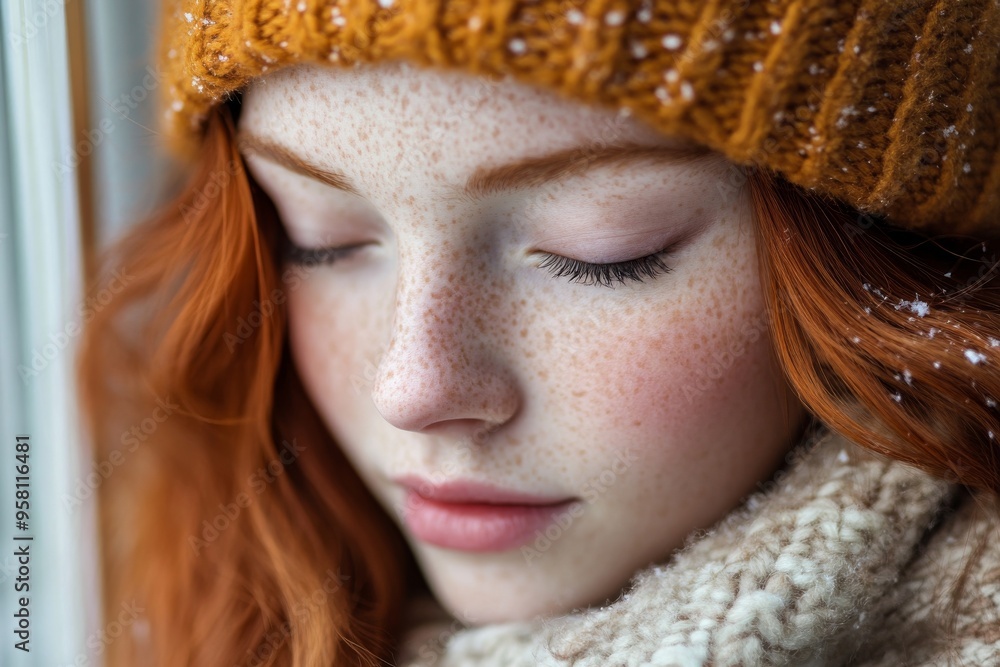 An image of a young woman wearing a cozy knit hat and scarf in a serene moment An image of a young woman wearing a cozy knit hat and scarf in a serene moment