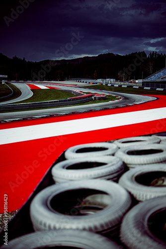 Race track. A high-speed corner of race ring during the day.
