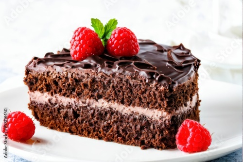 Chocolate Cake Slice with Raspberry Topping