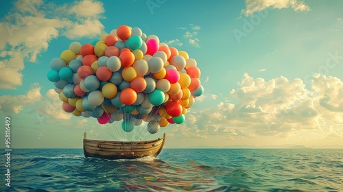 ship with colorful balloons in the ocean 