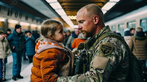 Soldier with Child at Train Station Place photo