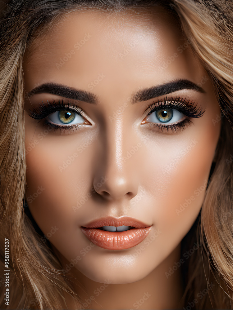 Closeup portrait of beautiful young woman with professional makeup and long eyelashes Closeup portrait of beautiful young woman with professional makeup and long eyelashes