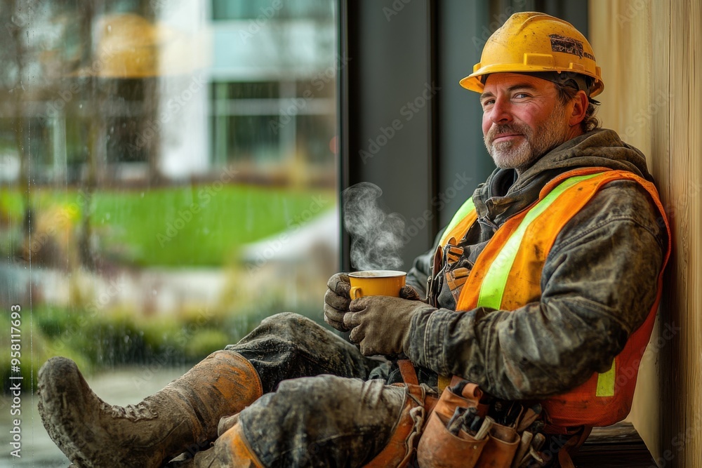 Fototapeta premium Construction Worker Sipping Coffee on Lunch Break Near Large Window