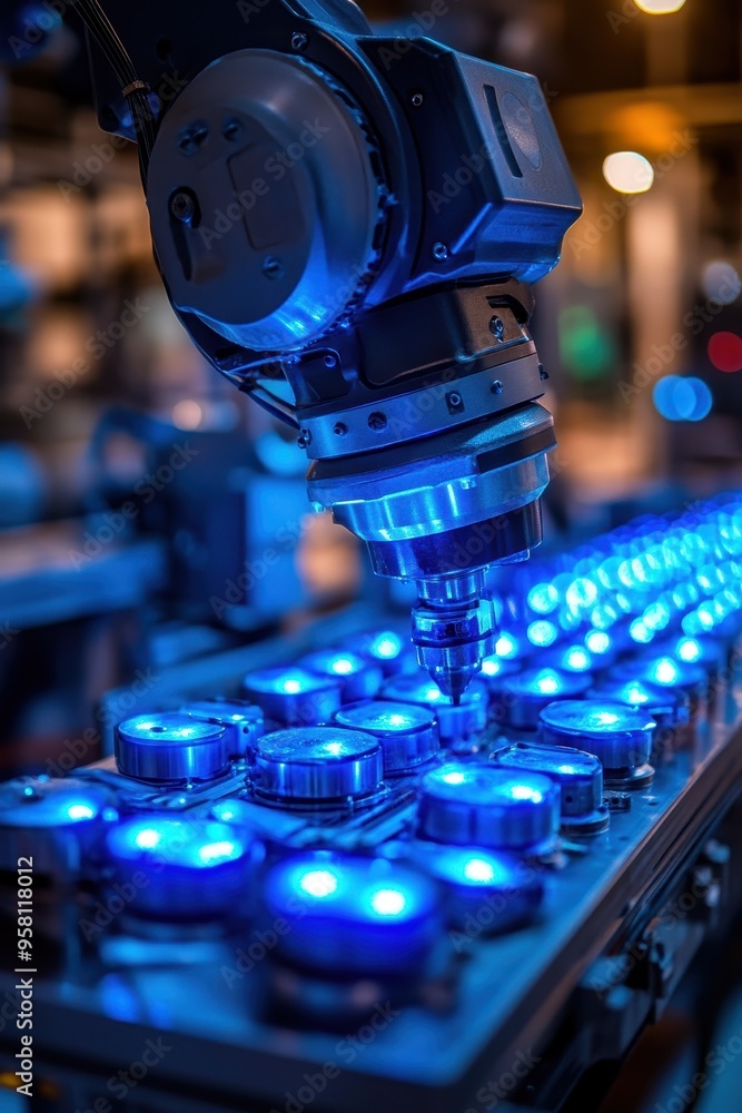 Robotic Arm Assembling Components on a High-Tech Production Line with Blue LED Lights in a Modern Factory Robotic Arm Assembling Components on a High-Tech Production Line with Blue LED Lights in a Modern Factory