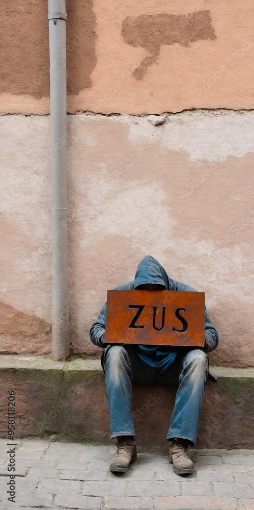 Naklejka premium Homeless man in Poland, no money for ZUS sign. Financial burden