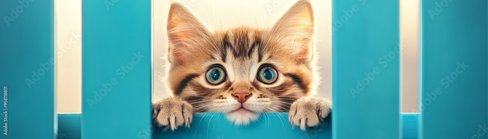 Adorable tabby kitten peeking through a turquoise fence. Wide-eyed and curious, this cute cat captures a moment of playful innocence. Adorable tabby kitten peeking through a turquoise fence. Wide-eyed and curious, this cute cat captures a moment of playful innocence.