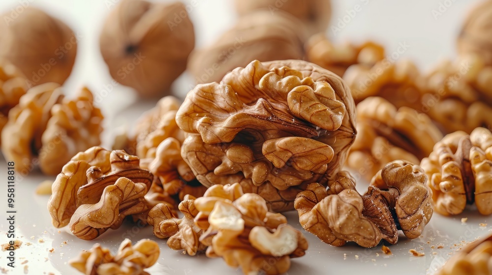 Delicious whole and broken walnuts, isolated on white background Delicious whole and broken walnuts, isolated on white background