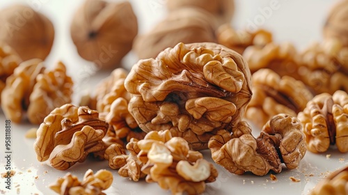 Delicious whole and broken walnuts, isolated on white background 