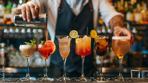 A bartender is pouring drinks into glasses, including a variety of cocktails - generative AI