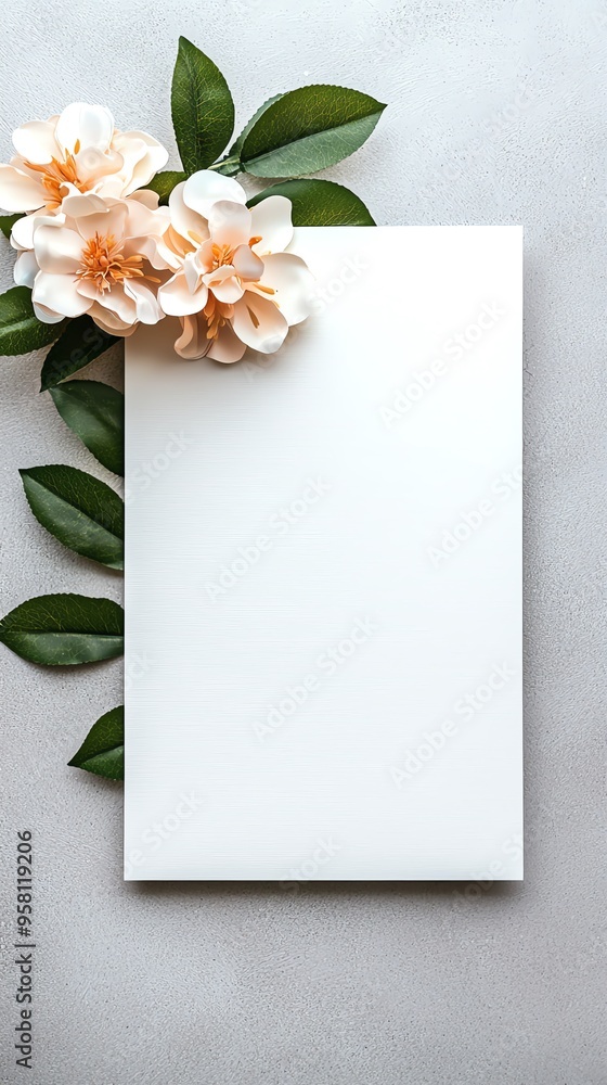 Elegant blank canvas adorned with soft blooms and green leaves, ideal for creative projects and beautiful presentations. Elegant blank canvas adorned with soft blooms and green leaves, ideal for creative projects and beautiful presentations.