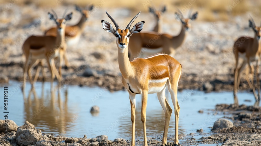 Herd of Gazelle Drinking at a Water Hole in the African Savanna Herd of Gazelle Drinking at a Water Hole in the African Savanna