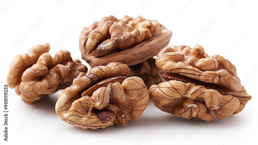 Delicious whole and broken walnuts, isolated on white background Delicious whole and broken walnuts, isolated on white background